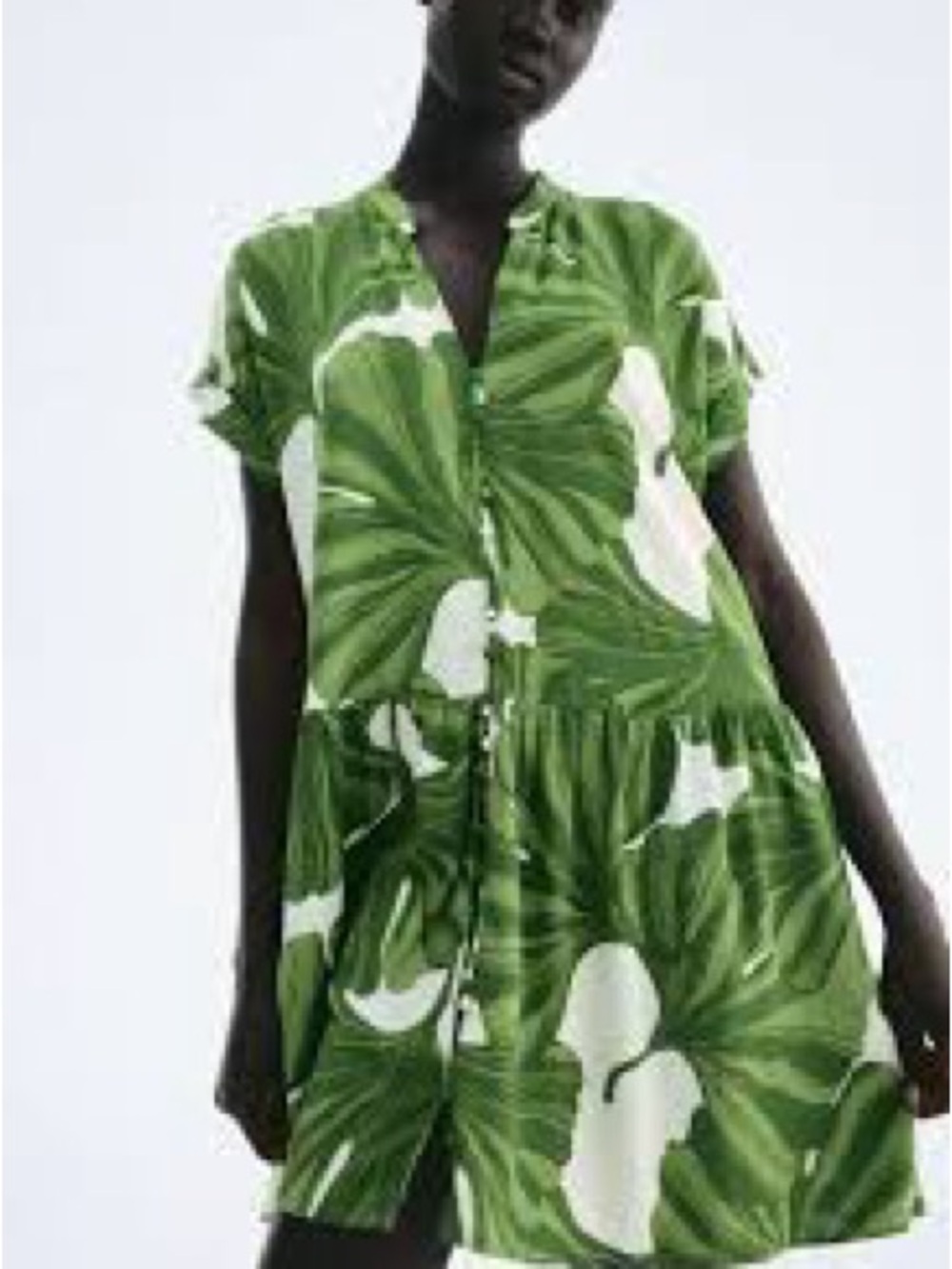 H&M Crinkled Tunic Dress SOLD OUT Size L White/Green Leaves Patterned MINI
